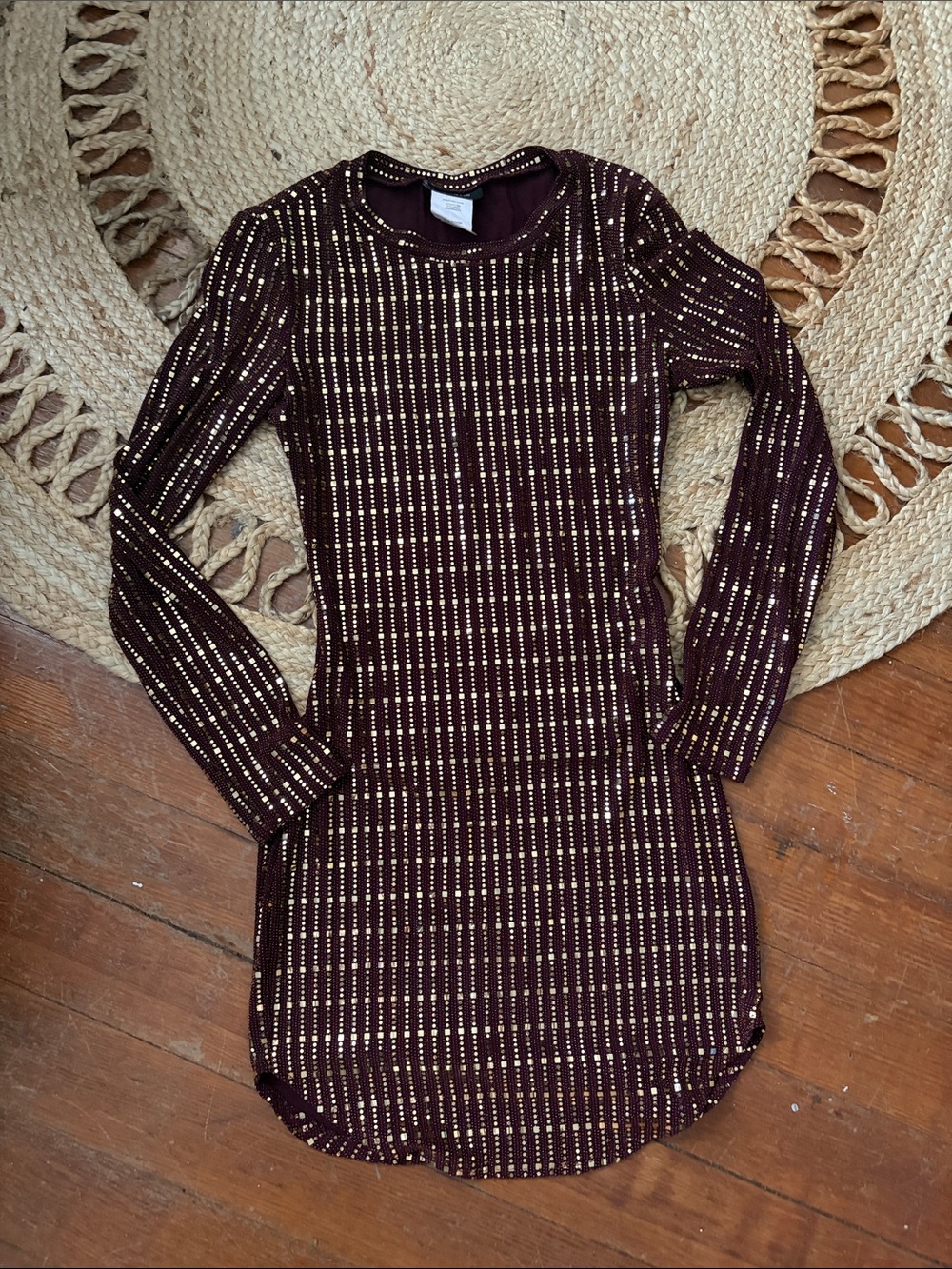 B Darlin Burgundy Long Sleeve Dress with Gold Stripe Accents